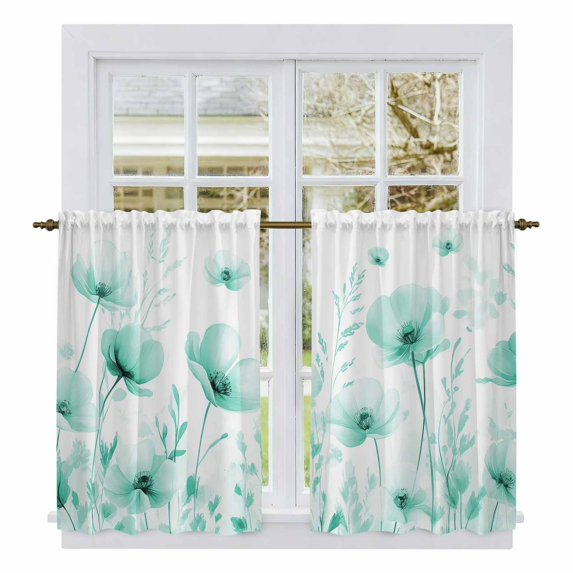 Teal Spring Floral Kitchen Curtains, Summer Botanical Watercolor Vintage Light Filtering Window Curtain Panels, 2Pcs Rod Pocket Window Treatments Set for RV Dining Room Study Room 42x45 Inches