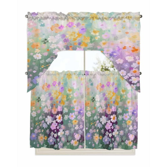 Teal Spring Floral Kitchen Curtains Swag Valance and Tier Curtains Set 36 Inch Length, Modern Oil Painted Daisy Botanical Rod Pocket Drape Panels Pair Swag Curtains for Bathroom/Cafe/Window