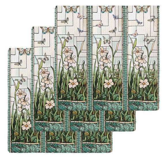 Teal Spring Floral Kitchen Dish Towels for Drying Dishes Set of 3, Summer Butterfly Farmhouse Waffle Weave Microfiber Hand Tea Bathroom Towels Quick Dry & Absorbent Towel 12x12