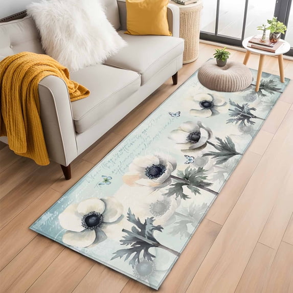 Teal Spring Floral Kitchen Runner Rug 2x6 Washable Runners for Hallway Non Slip Vintage Botanical Summer Flowers Large Area Rug Indoor Floor Carpet for Bathroom Laundry Entryway Bedroom Living Room