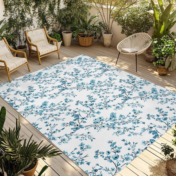 Teal Spring Floral Outdoor Rug 5x7 Ft - Reversible Patio Rug Outdoor Camping Rugs, Elegant Pastoral Flowers Washable Indoor Outdoor Area Rugs, Non-Slip Outdoor Carpet Runner for Deck/Porch