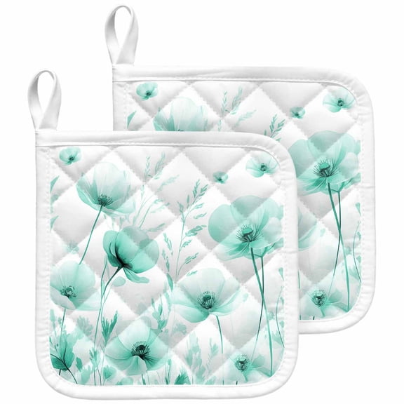 Teal Spring Floral Pot Holders for Kitchen Heatproof Potholder, 2 Pack Summer Botanical Watercolor Vintage Hot Pads Multipurpose Oven Pads Cloth Potholders Trivet for Cooking and Baking