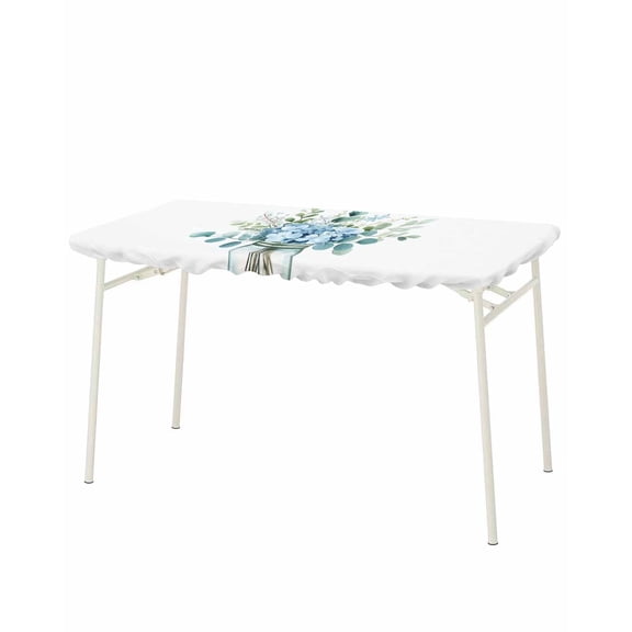 Teal Spring Floral Rectangle Tablecloth, Waterproof Elastic Fitted Table Covers for 8 Foot Tables, 32x96inch Decorative Tablecloths for Picnic, Camping, Indoor, Outdoor, Watercolor Summer Flowers