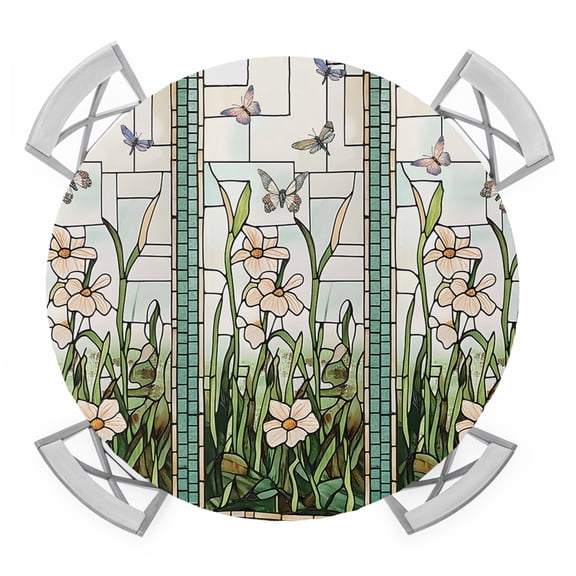 Teal Spring Floral Round Tablecloth for 36-44 Inch Tables, Fitted Table Cover with Elastic Edge, Summer Butterfly Farmhouse Waterproof Outdoor Table Cloth Protector for Patio Garden Dinner Picnic