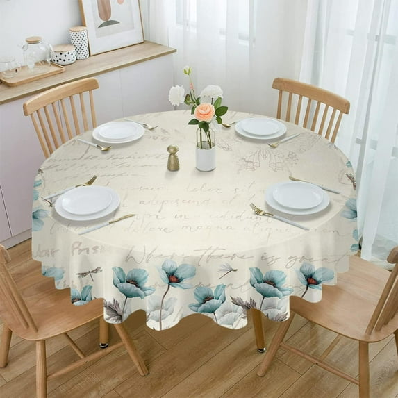 Teal Spring Floral Round Tablecloth 60 Inch - Summer Tulip Flowers Waterproof Fabric Table Cloth Protector, Farmhouse Botanical Tablecloths Washable Table Cover for Kitchen Party