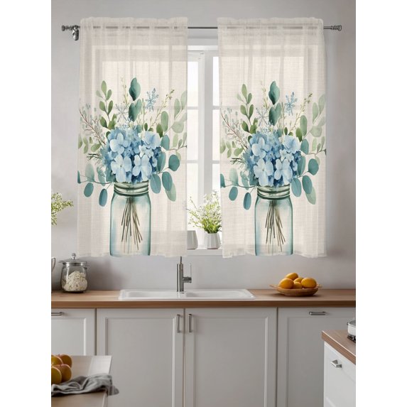 Teal Spring Floral Sheer Kitchen Tier Curtains 45 Inch length,Rod Pocket Half Curtains & Drapes,Watercolor Summer Flowers Vintage Light Filtering Cafe Bathroom Window Treatments 2 Pcs 27.5"W x 45"L