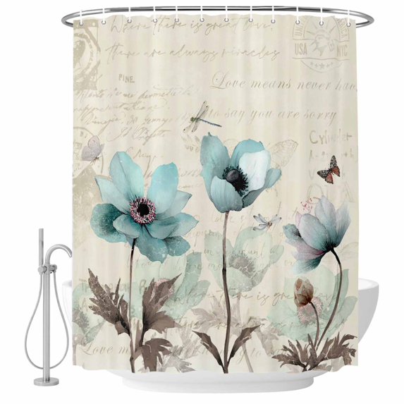 Teal Spring Floral Shower Curtain Set - Extra Long 72" x 96" Washable Bathtub Curtain with 12 Hooks, Vintage Botanical Retro Art Waterproof Fabric Stall Shower Curtains for Bathroom/Bathtub Décor
