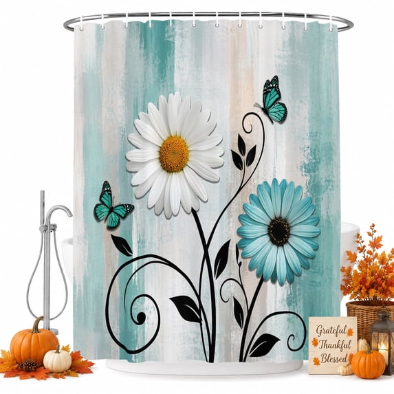 Teal Spring Floral Shower Curtain Set - Long 72" x 84" Washable Bathtub Curtain with 12 Hooks, Daisy Watercolor Vintage Butterfly Waterproof Fabric Stall Shower Curtains for Bathroom/Bathtub Décor