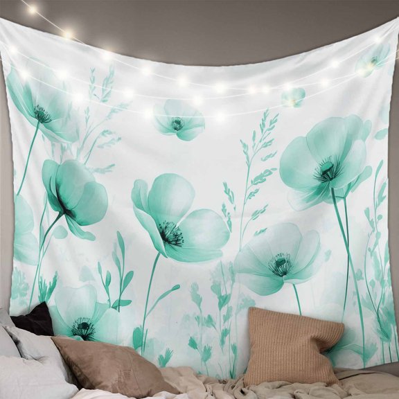 Teal Spring Floral Small Tapestry for Bedroom Wall Hanging Tapestry,Summer Botanical Watercolor Vintage Ceiling Backdrop Tapestries Poster Blanket Wall Decor for Teens Room Living Room Dorm 23" x 28"
