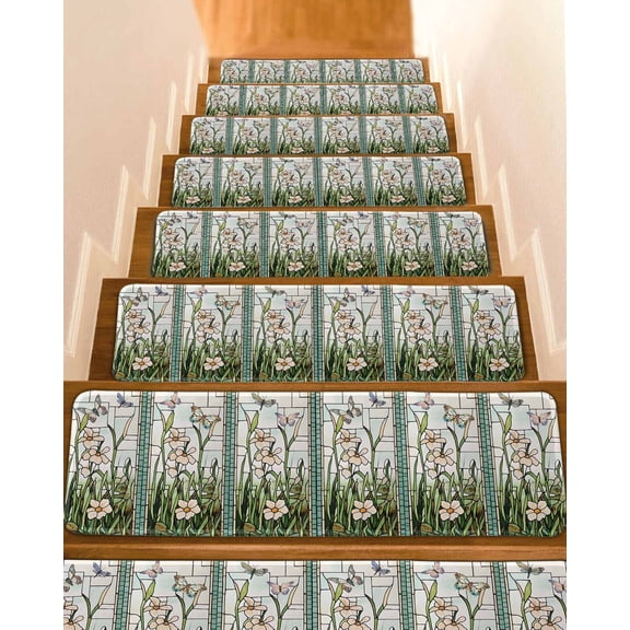 Teal Spring Floral Stair Treads for Wooden Steps Indoor Runner Rug Carpet, Summer Butterfly Farmhouse 4 Pieces Peel and Stick Staircase Step Treads Covers Washable Throw Door Mats, 30"x8"
