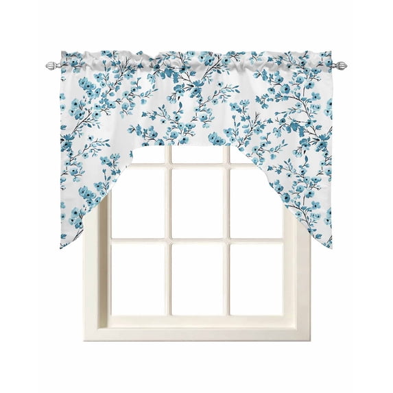 Teal Spring Floral Swag Valances for Windows, Small Curtains Drapes, Elegant Pastoral Flowers Kitchen Window Curtains Over Sink Rod Pocket Window Treatment Valance for Bedroom/Bathroom 56"x36"