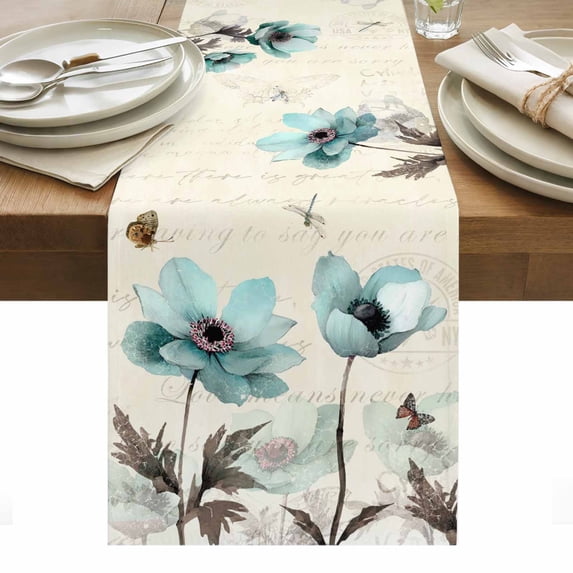 Teal Spring Floral Table Runner - 70 Inch Long, Kitchen Dining Table Runner Dresser Scarves, Vintage Botanical Retro Art Farmhouse Decor for Coffee Tables Wedding Party Banquet