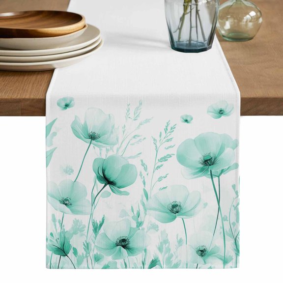 Teal Spring Floral Table Runner, Summer Botanical Watercolor Vintage Washable Cotton Linen Table Runners 36 Inches Long, Dresser Scarf Runner for Nightstand/End Tables/Round Tables 13''x36''