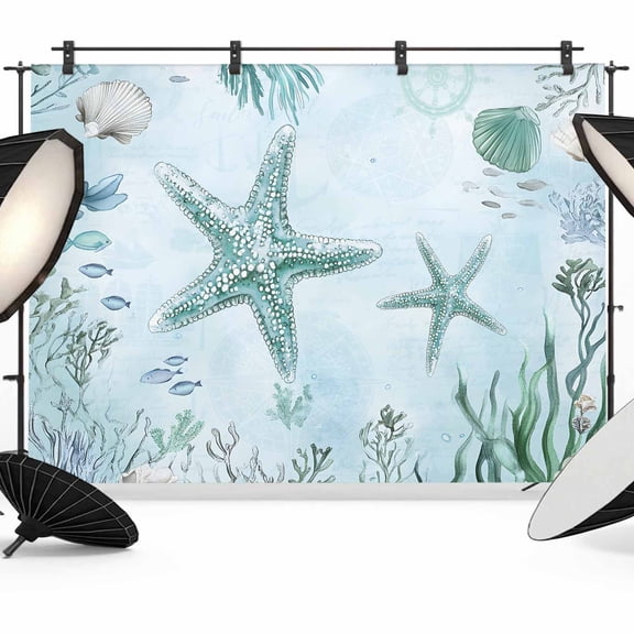 Teal Starfish Backdrop for Photography, Summer Shell Coral Watercolor Nautical Photo Backdrop Portrait Background Party Banner Photo Backgrounds for Studio Booth Props, 7x5ft