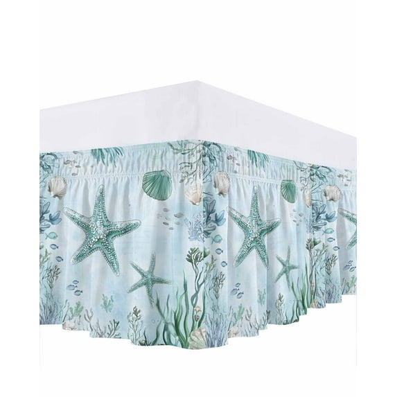 Teal Starfish Bed Skirt King Size 16" Drop Summer Shell Coral Watercolor Nautical Ruffled Wrap Around Bed Skirts Adjustable Elastic Bedskirt Dust Ruffle for King Size Bed