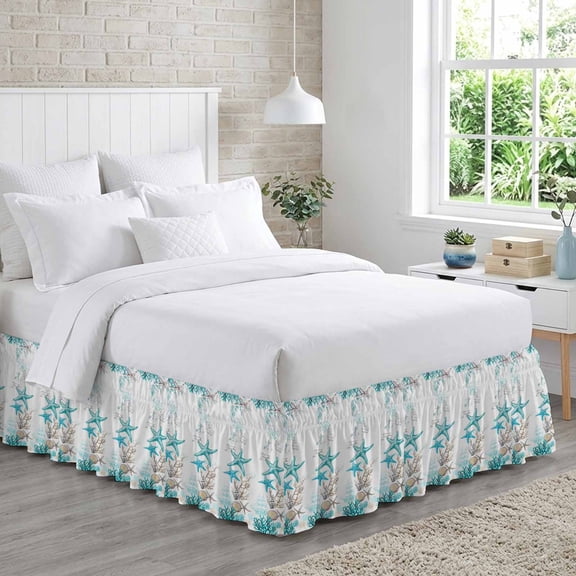 Teal Starfish Bed Skirt Queen Size 16 Inch Drop, Coastal Ocean Coral Conch Sand Dollars Adjustable Elastic Dust Ruffles Bedskirt for Queen Bed Wrap Around Pleated Mattress Frame Cover