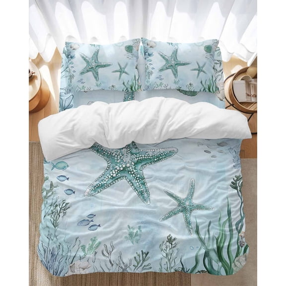 Teal Starfish Bedding Duvet Cover Set Full Size 4 Pieces Summer Shell Coral Watercolor Nautical Bedding Set with Zipper Closure, 1 Comforter Cover 86x86 Inches 1 Flat Sheet & 2 Pillow Cases