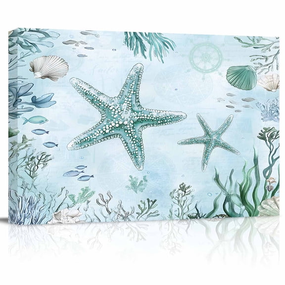 Teal Starfish Canvas Print Wall Art Summer Shell Coral Watercolor Nautical Pictures Painting Morden Artwork for Living Room Bedroom, Ready to Hang - 12"x16"