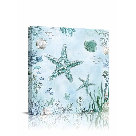 Teal Starfish Canvas Wall Art, Summer Shell Coral Watercolor Nautical Framed Wall Decor Modern Artwork Prints Painting for Living Room, Bedroom, Kitchen & Cafe Decor 8x8 Inch