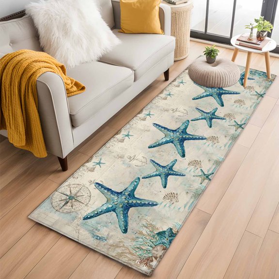 Teal Starfish Coastal 2'x6' Runner Rugs for Hallway Kitchen Bedside Non Slip Washable, Vintage Summer Beach Nautical Entryway Rug Runners with Rubber Backing, Long Carpet Runner for Laundry Room