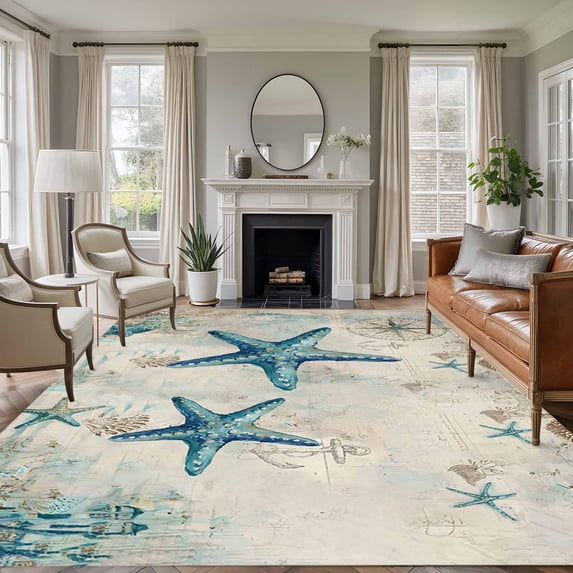 Teal Starfish Coastal Area Rug 6x9 Washable Rug Non Slip Vintage Summer Beach Nautical Large Area Rug Soft Stainresistant Indoor Floor Carpet for Living Room Bedroom Home Office Dining Room Nursery