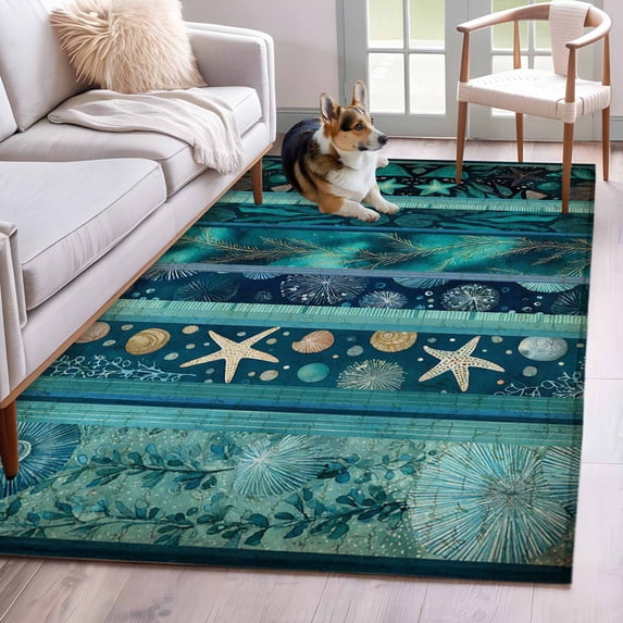 Teal Starfish Coastal Area Rugs 4'x6', Washable Small Throw Rugs for Office Bathroom, Nautical Coral Shell Ocean Summer Beach Indoor Outdoor Rug Non-Slip Low Pile Carpet Runner Reversible Floor Mats