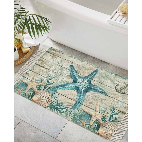 Teal Starfish Coastal Bath Rug 2x3ft Woven Bathroom Entryway Runner Rug,Summer Beach Nautical Retro Washable Living Room Hallway Bedroom Kitchen Carpet with Tassels,Indoor Outdoor Throw Doormat