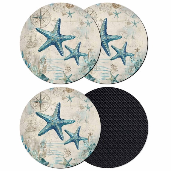 Teal Starfish Coastal Coasters Set of 4, Absorbent Coasters for Drinks, Vintage Summer Beach Nautical Coaster for Desk Coffee Table Protection, Home Decor House Warming Gifts 4"