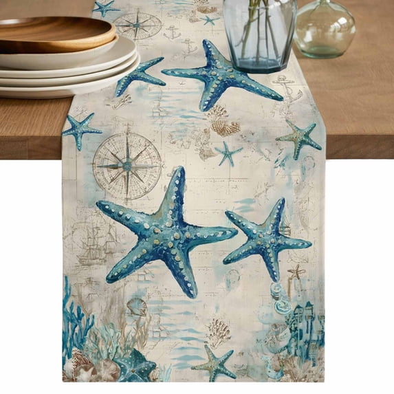 Teal Starfish Coastal Cotton Linen Table Runner for Dining Kitchen, Vintage Summer Beach Nautical Wedding Outdoor Party Tablerunners Decoration, Dresser Scarf Coffee Tablecloth Runners 13x70 Inches