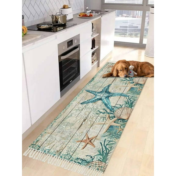 Teal Starfish Coastal Entryway Runner Rug 2x4ft,Summer Beach Nautical Retro Washable Woven Living Room Hallway Bedroom Kitchen Carpet with Tassels,Indoor Outdoor Throw Door Mat for Entryway
