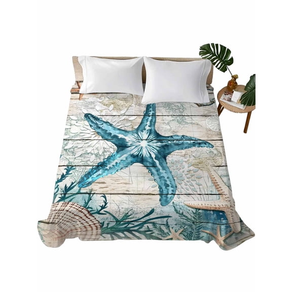 Teal Starfish Coastal Flat Sheet Only Twin Size, Soft Breathable Bed Top Sheets for Mattress, Summer Beach Nautical Retro Luxury Bedding Flat Sheets for Home Hotel Bedroom Bed Protection