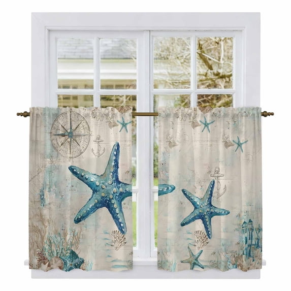 Teal Starfish Coastal Kitchen Curtain for Berdoom Living Room Cafe 45 Inch Length, Vintage Summer Beach Nautical Tiers Curtains Light Filtering Drapes Rod Pocket Window Treatment 2 Panels 52"Wx45"L