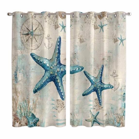 Teal Starfish Coastal Kitchen Curtains Window Panels, Vintage Summer Beach Nautical Insulated Window Treatment Curtain, Grommet Curtains for Bedroom/Living Room/Bathroom, 2 Piece 42"Wx63"L