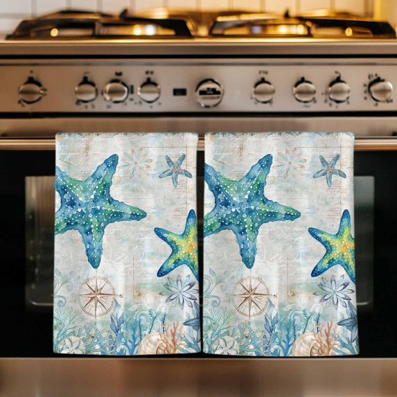 Teal Starfish Coastal Kitchen Towels Set of 2, Summer Beach Coral Nautical Ocean Absorbent Dish Towels for Kitchen, Microfiber Hand Towel, Quick Drying Tea Towel for Cleaning Decorative Dishcloths