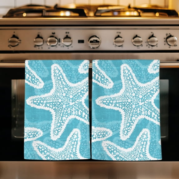 Teal Starfish Coastal Kitchen Towels Set of 3, Nautical Summer Ocean Absorbent Dish Towels for Kitchen, Microfiber Hand Towel, Quick Drying Tea Towel for Cleaning Decorative Dishcloths