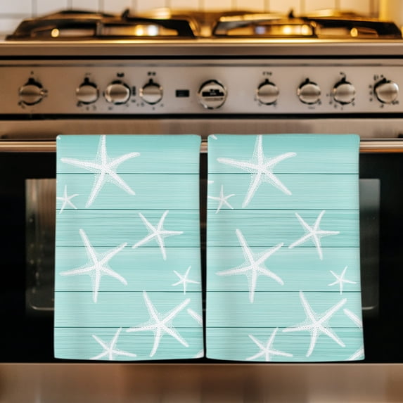 Teal Starfish Coastal Kitchen Towels Set of 4, Summer Beach Nautical Ocean Wooden Absorbent Dish Towels for Kitchen, Microfiber Hand Towel, Quick Drying Tea Towel for Cleaning Decorative Dishcloths