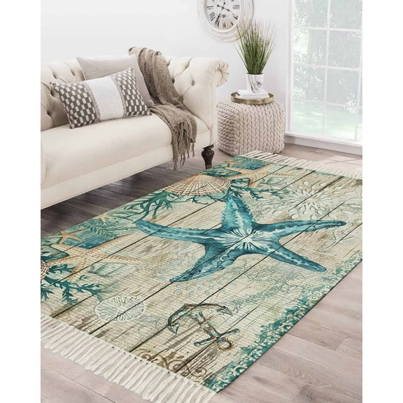 Teal Starfish Coastal Large Area Rug 4x6ft Woven Runner Rug,Summer Beach Nautical Retro Washable Living Room Bedroom Kitchen Bathroom Classroom Carpet with Tassels,Indoor Outdoor Throw Door Mat