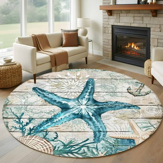 Teal Starfish Coastal Large Round Rug 8 FT, Non Slip Living Room Area Carpet, Summer Beach Nautical Retro Washable Soft Circle Rug Non-Shedding Floor Carpet for Bedroom Office Dining Room