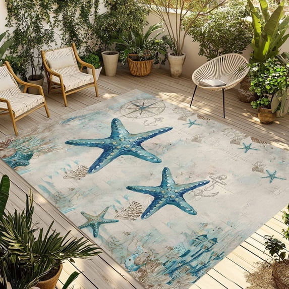 Teal Starfish Coastal Outdoor Rug for Patio/Deck/Porch, Non-Slip Large Area Rug 3 x 5 Ft, Vintage Summer Beach Nautical Indoor Outdoor Rugs Washable Area Rugs, Reversible Camping Rug Carpet Runner