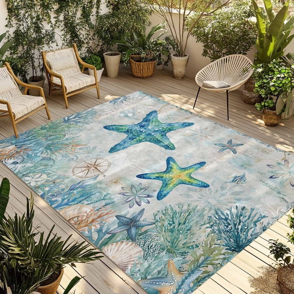 Teal Starfish Coastal Outdoor Rug for Patio/Deck/Porch, Non-Slip Large Area Rug 5 x 8 Ft, Summer Beach Coral Nautical Ocean Indoor Outdoor Rugs Washable Area Rugs, Camping Rug Carpet Runner