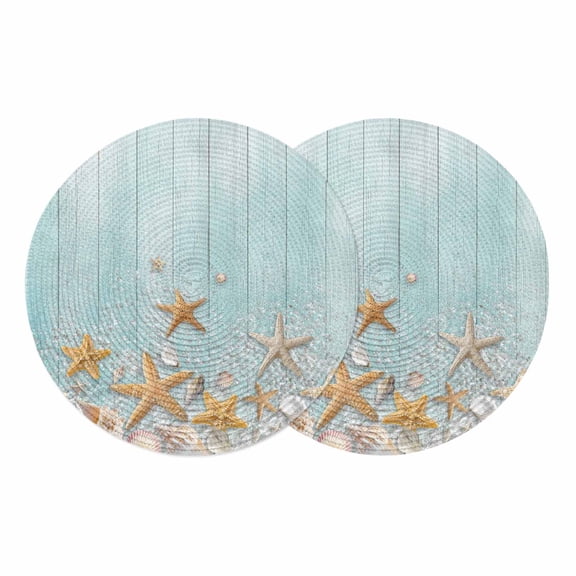 Teal Starfish Coastal Round 13 Inch Placemats Set of 2, Summer Beach Shell Wooden HeatResistant Non Slip Place Mats for Dining Table, Wipeable Braided Kitchen Table Mats for Housewarming