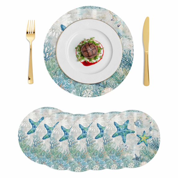 Teal Starfish Coastal Round 15 Inch Placemats Set of 6, Summer Beach Coral Nautical Ocean HeatResistant Non Slip Place Mats for Dining Table, Wipeable Braided Kitchen Table Mats for Housewarming