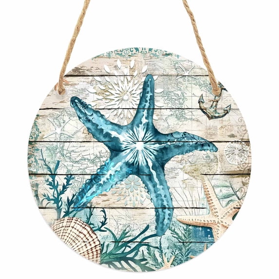 Teal Starfish Coastal Round Front Door Welcome Sign, 7.8 Inch Wall Hanging Decor for Indoor Outdoor, Summer Beach Nautical Retro Home Porch Hanger Decorations for Holiday Gift