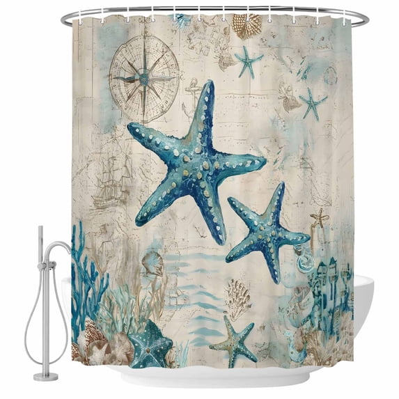 Teal Starfish Coastal Shower Curtain, Waterproof Shower Curtains for Bathroom, Vintage Summer Beach Nautical Washable Fabric Bathtub Curtain Set Bath Decor with 12 Hooks Long 72"x84"