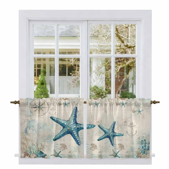 Teal Starfish Coastal Tier Curtains 24 Inch Length, Vintage Summer Beach Nautical Cafe Short Curtains for Bathroom Over Sink, Small Kitchen Curtain Light Filtering Tiered Drapes 2 Panels 27.5"Wx24"L