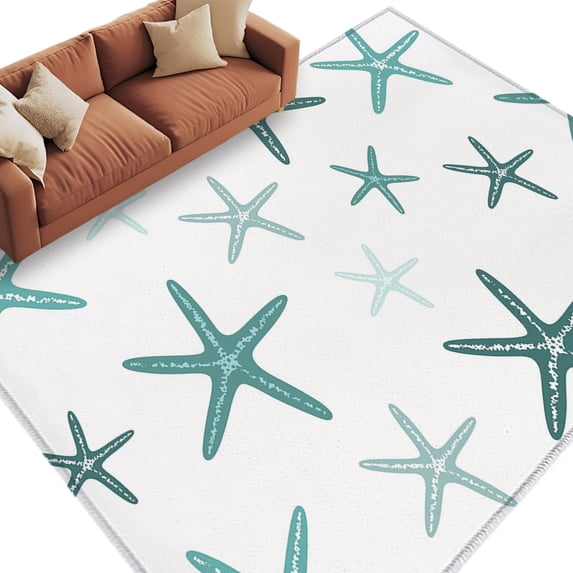 Teal Starfish Coastal Washable Rug 5x7 Area Rugs for Living Room, Summer Beach Ocean Large Bedroom Rug Soft Non-Slip Low Pile Floor Carpet for Dining Room Kitchen Office Laundry Nursery