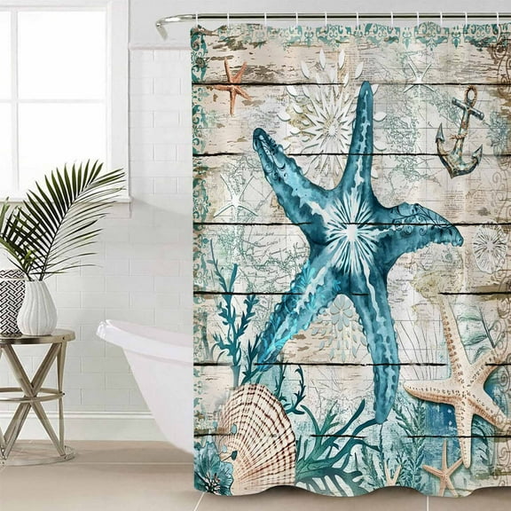 Teal Starfish Coastal Waterproof Fabric Shower Curtain, Summer Beach Nautical Retro Shower Curtain for Bathroom Curtains Bathtubs Hotel Washable Shower Curtains with 12 Hooks Long 72x78in