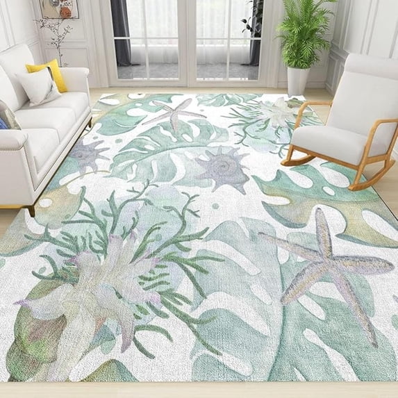 Teal Starfish Seaweed Print Pattern Area Rug, Coastal Nautical Ocean Themed Indoor Non-Slip Kids Rugs, For Room Sofa Living Room Mat Bedroom Home Decor Floor Mats 2x3ft