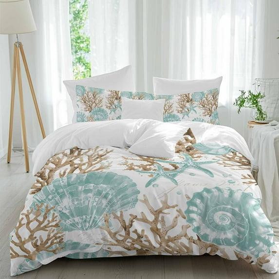 Teal Starfish Shell Duvet Cover Set Full Size Brown Watercolor Coral Summer Coastal Soft Lightweight Comforter Covers 4 Piece Bedding Set with 1 Duvet Cover 1 Bed Sheet & 2 Pillow Shams