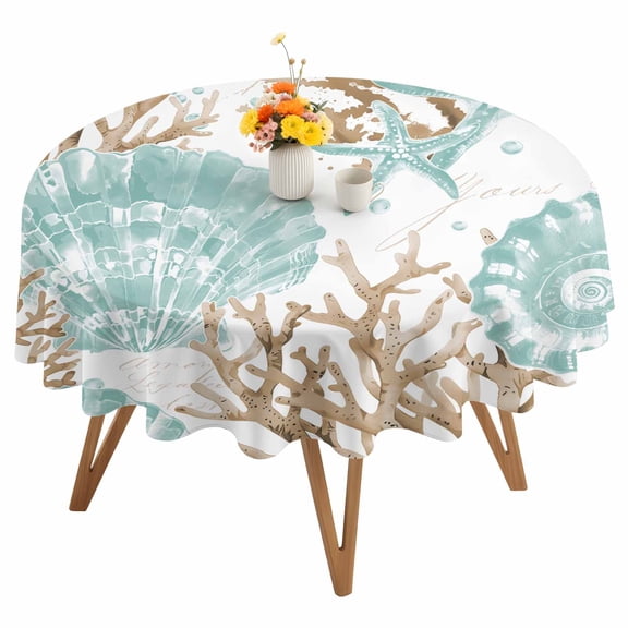 Teal Starfish Shell Round Tablecloth 60 inches Brown Watercolor Coral Summer Coastal Waterproof Oil-Proof Table Cloth Round Table Cover for Holiday Party Picnic Dinner Decor Indoor and Outdoor Use